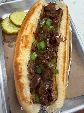 Sausage, Shishito pepper and caramelized onions